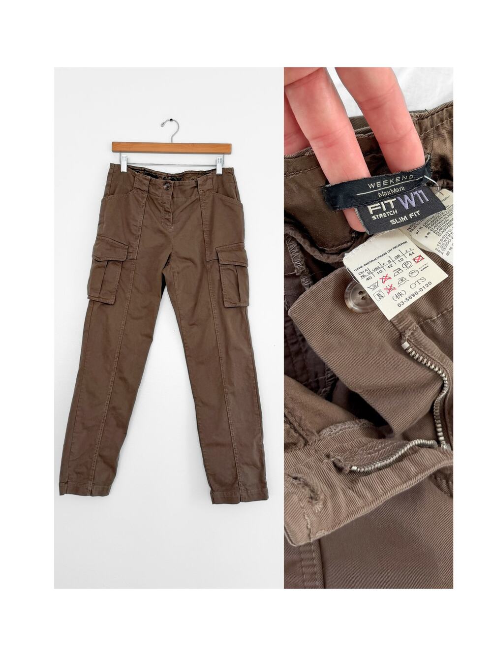 Weekend Max Mara FIT W11 Cargo Pants Brown Olive Stretch Slim Fit Utility 10